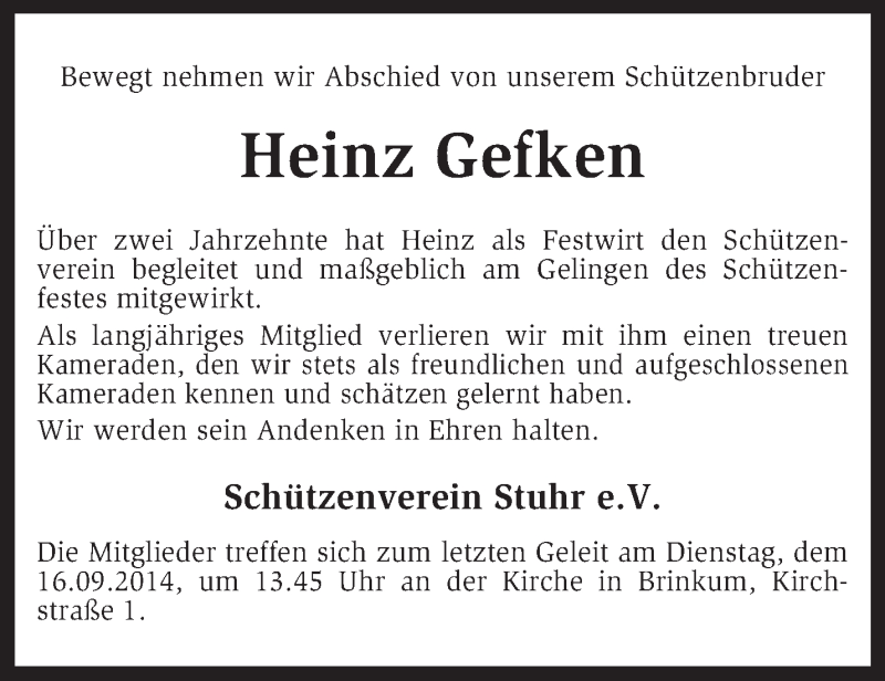  Traueranzeige für Heinz Gefken vom 11.09.2014 aus KRZ