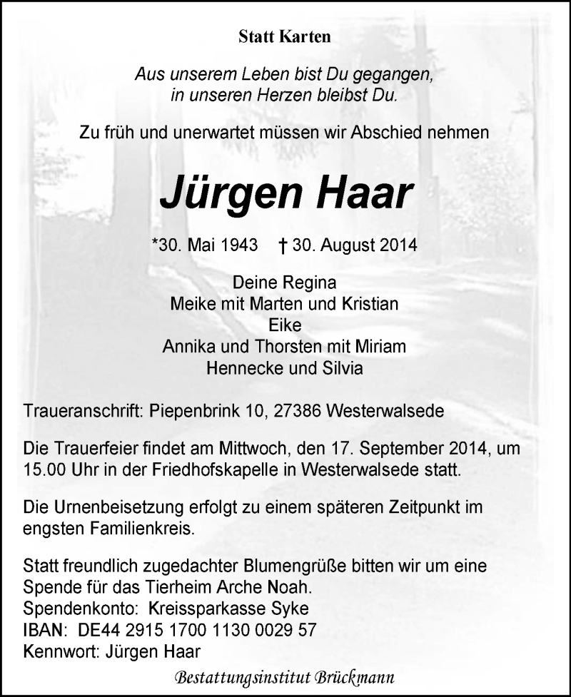  Traueranzeige für Jürgen Haar vom 12.09.2014 aus KRZ