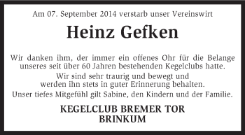 Traueranzeige von Heinz Gefken von KRZ