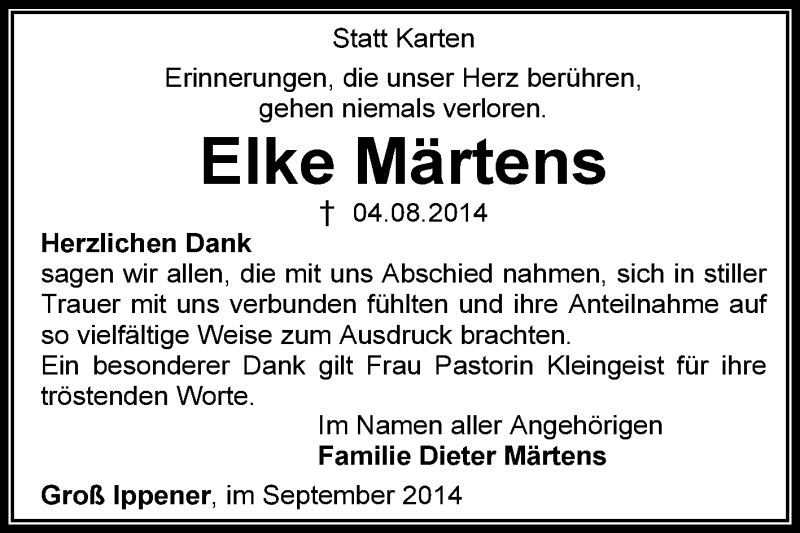  Traueranzeige für Elke Märtens vom 13.09.2014 aus KRZ