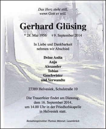 Traueranzeige von Gerhard Glüsing von KRZ