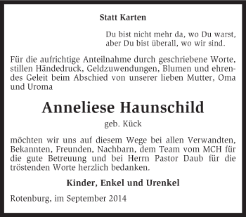 Traueranzeige von Anneliese Haunschild von KRZ