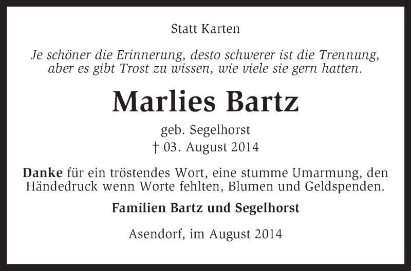  Traueranzeige für Marlies Bartz vom 13.09.2014 aus KRZ