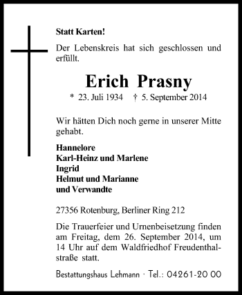Traueranzeige von Erich Prasny von KRZ