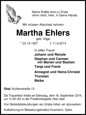 Traueranzeige von Martha Ehlers von KRZ