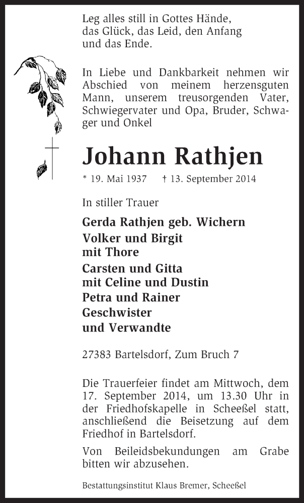  Traueranzeige für Johann Rathjen vom 15.09.2014 aus KRZ