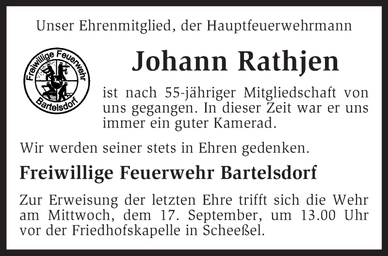  Traueranzeige für Johann Rathjen vom 15.09.2014 aus KRZ