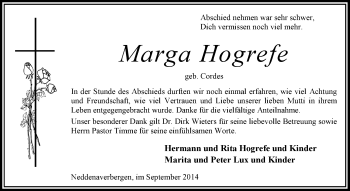 Traueranzeige von Marga Hogrefe von KRZ