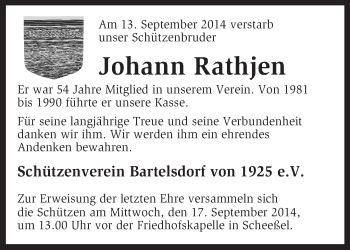 Traueranzeige von Johann Rathjen von KRZ