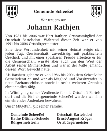 Traueranzeige von Johann Rathjen von KRZ