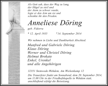 Traueranzeige von Anneliese Döring von KRZ