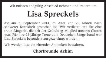 Traueranzeige von Lisa Spreckels von KRZ