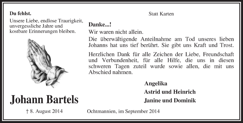  Traueranzeige für Johann Bartels vom 20.09.2014 aus KRZ