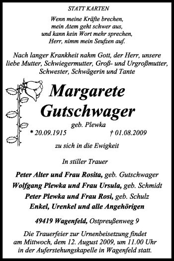 Traueranzeige von Margarete Gutschwager von KREISZEITUNG SYKE