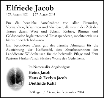 Traueranzeige von Elfriede Jacob von KRZ