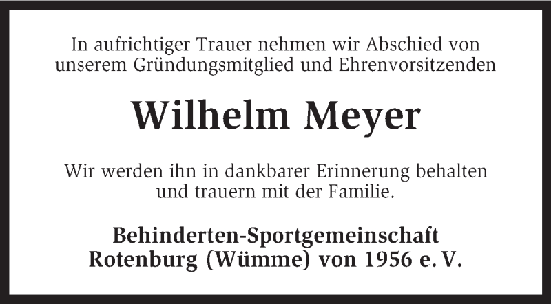  Traueranzeige für Wilhelm Meyer vom 19.09.2014 aus KRZ