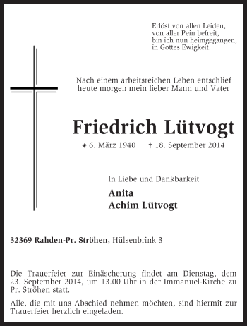 Traueranzeige von Friedrich Lütvogt von KRZ