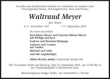 Traueranzeige von Waltraud Meyer von KRZ