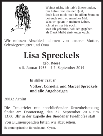 Traueranzeige von Lisa Spreckels von KRZ