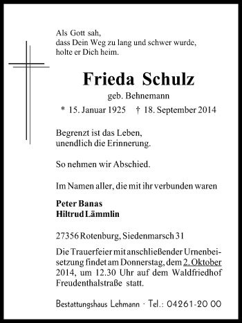 Traueranzeige von Frieda Schulz von KRZ