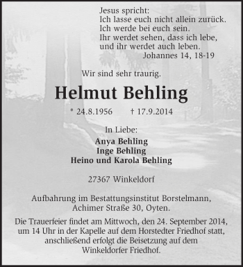 Traueranzeige von Helmut Behling von KRZ