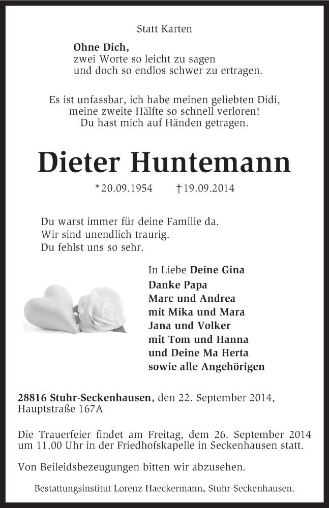  Traueranzeige für Dieter Huntemann vom 22.09.2014 aus KRZ