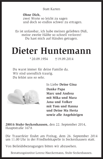 Traueranzeige von Dieter Huntemann von KRZ