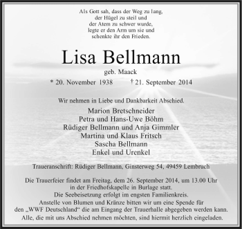 Traueranzeige von Lisa Bellmann von KRZ