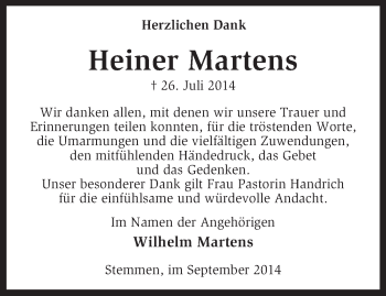 Traueranzeige von Heiner Martens von KRZ