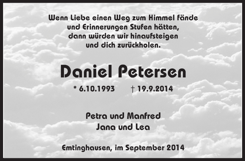  Traueranzeige für Daniel Petersen vom 23.09.2014 aus KRZ