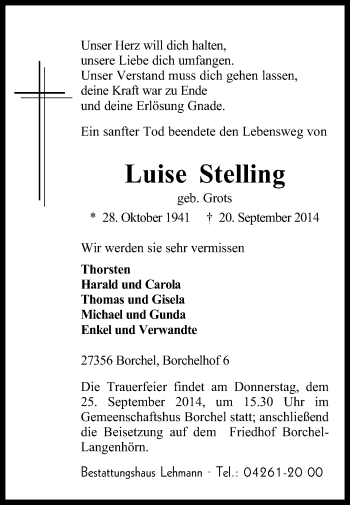 Traueranzeige von Luise Stelling von KRZ