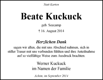 Traueranzeige von Beate Kuckuck von KRZ