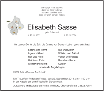 Traueranzeige von Elisabeth Sasse von KRZ