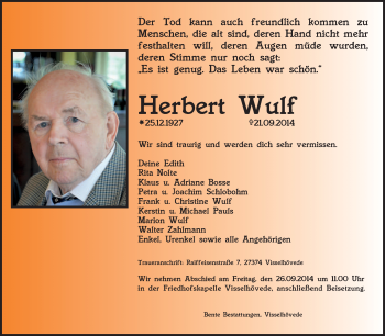 Traueranzeige von Herbert Wulf von KRZ