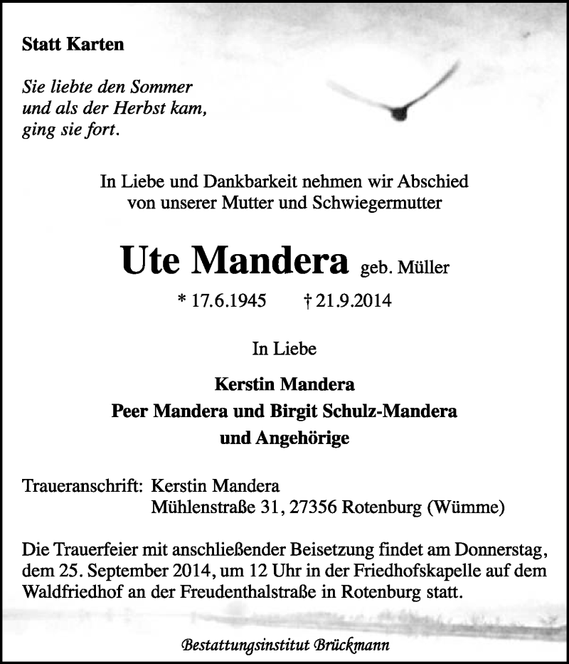  Traueranzeige für Ute Mandera vom 23.09.2014 aus KRZ