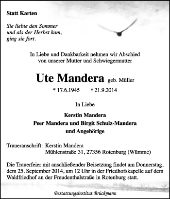 Traueranzeige von Ute Mandera von KRZ