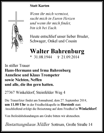 Traueranzeige von Walter Bahrenburg von KRZ