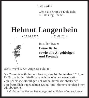 Traueranzeige von Helmut Langenbein von KRZ