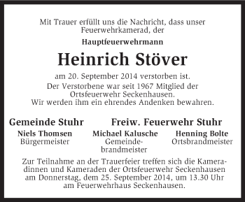 Traueranzeige von Heinrich Stöver von KRZ