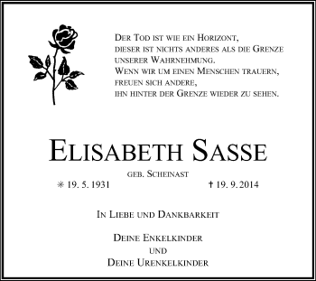 Traueranzeige von Elisabeth Sasse von KRZ