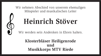 Traueranzeige von Heinrich Stöver von KRZ