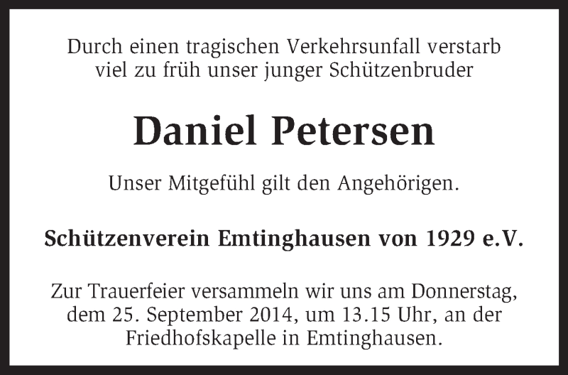  Traueranzeige für Daniel Petersen vom 24.09.2014 aus KRZ