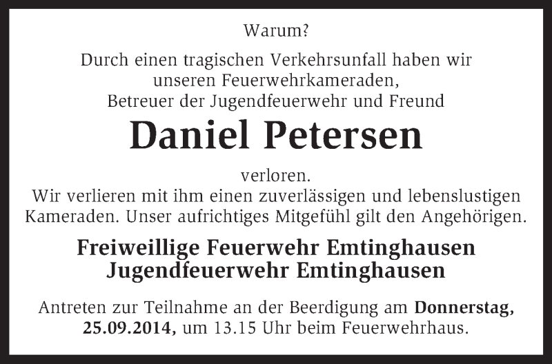  Traueranzeige für Daniel Petersen vom 25.09.2014 aus KRZ