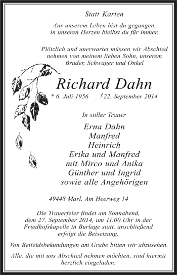 Traueranzeige von Richard Dahn von KRZ