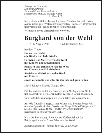 Traueranzeige von Burghard von der Wehl von KRZ