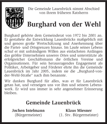 Traueranzeige von Burghard  von der Wehl von KRZ