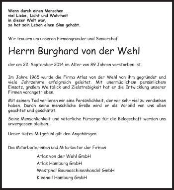 Traueranzeige von Burghard von der Wehl von KRZ