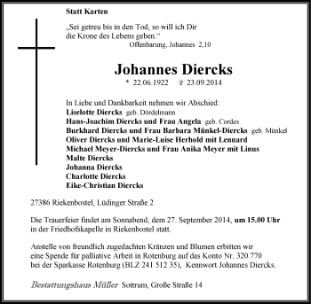 Traueranzeige von Johannes Diercks von KRZ