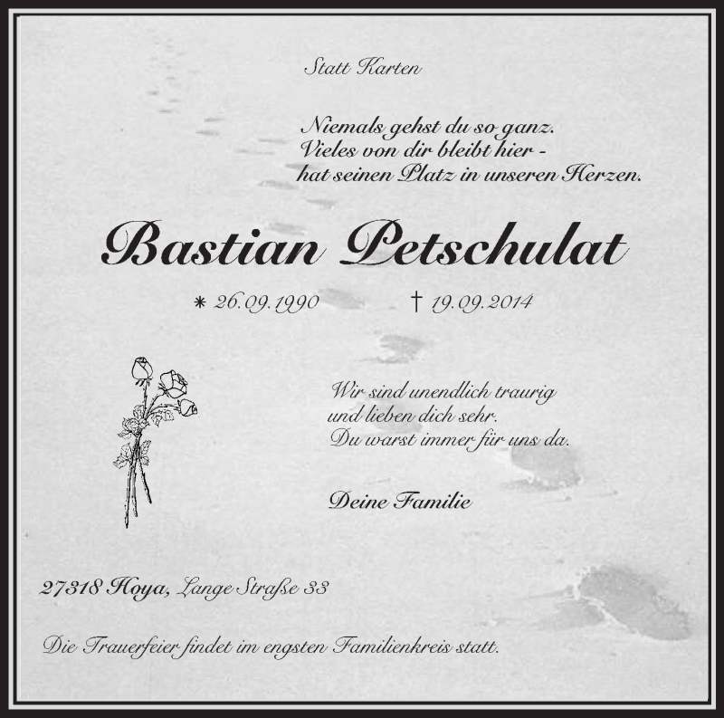  Traueranzeige für Bastian Petschulat vom 27.09.2014 aus KRZ
