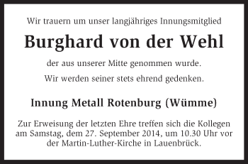 Traueranzeige von Burghard von der Wehl von KRZ